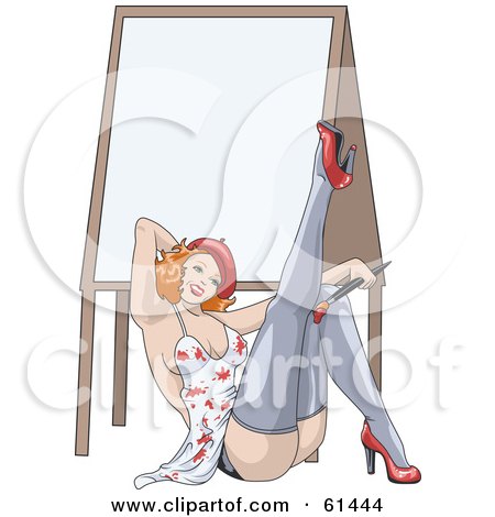 Royalty-free (RF) Clipart Illustration of a Sexy Red Haired Woman Leaning Back Against A Canvas On An Easel And Lifting Up One Leg by r formidable