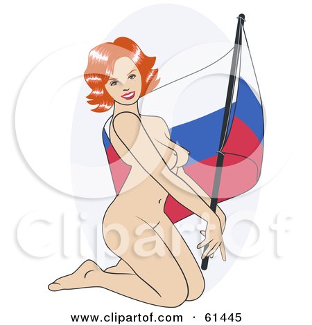 Royalty-free (RF) Clipart Illustration of a Nude Pinup Woman Kneeling And Posing With A Russia Flag by r formidable