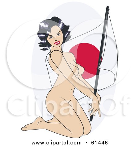 Royalty-free (RF) Clipart Illustration of a Nude Pinup Woman Kneeling And Posing With A Japan Flag by r formidable