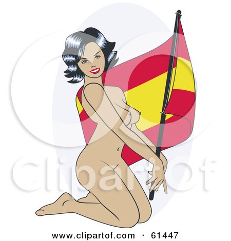 Royalty-free (RF) Clipart Illustration of a Nude Pinup Woman Kneeling And Posing With A Spain Flag by r formidable