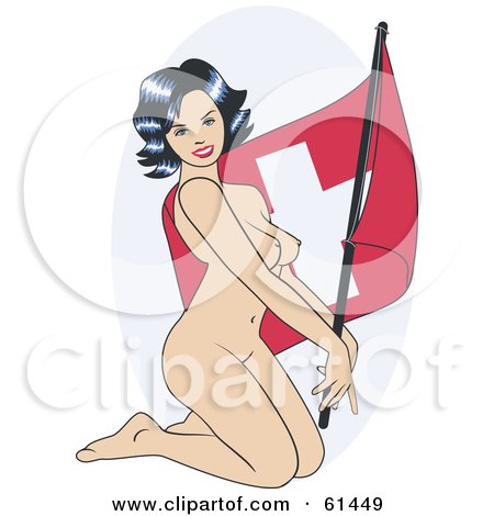 Royalty-free (RF) Clipart Illustration of a Nude Pinup Woman Kneeling And Posing With A Switzerland Flag by r formidable