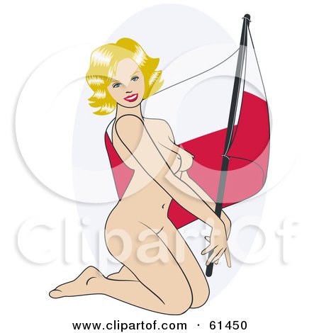 Royalty-free (RF) Clipart Illustration of a Nude Pinup Woman Kneeling And Posing With A Poland Flag by r formidable