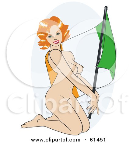 Royalty-free (RF) Clipart Illustration of a Nude Pinup Woman Kneeling And Posing With An Ireland Flag by r formidable
