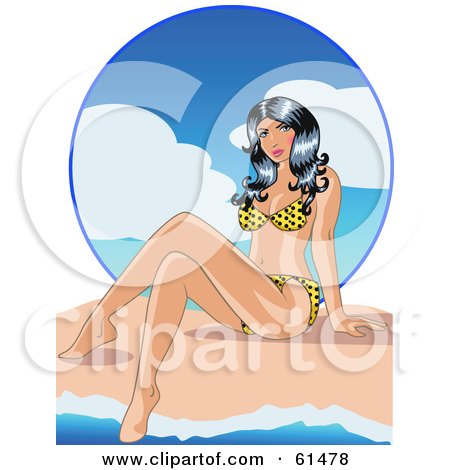 Royalty-free (RF) Clipart Illustration of a Sexy Bikini Clad Woman Dipping Her Toes In The Surf On A Beach by r formidable
