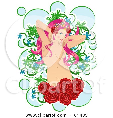 Royalty-free (RF) Clipart Illustration of a Sexy Nude Pink Haired Woman Standing Behind Roses And In Front Of Bubbles by r formidable