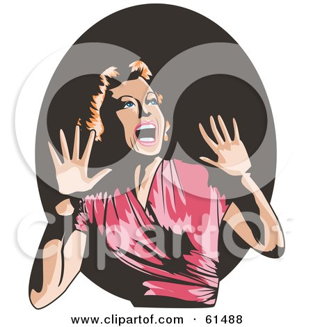 Royalty-free (RF) Clipart Illustration of a Terrified Retro Woman Screaming And Holding Her Hands Up by r formidable