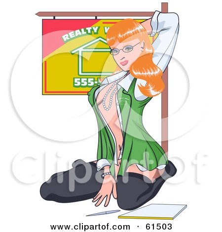 Royalty-free (RF) Clipart Illustration of a Sexy Red Haired Realtor Woman Kneeling In Stockings by r formidable