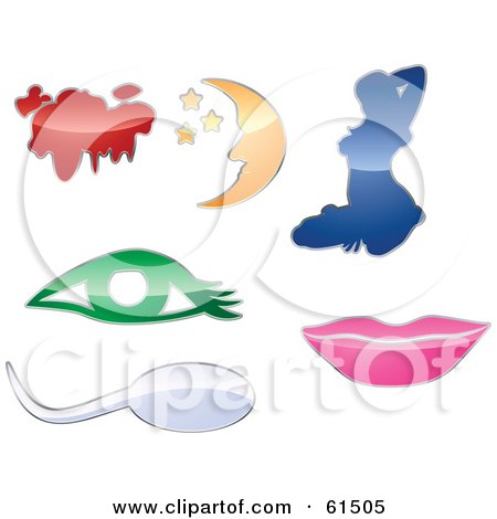 Royalty-free (RF) Clipart Illustration of a Digital Collage Of Shiny Colorful Cloud, Moon And Stars, Stripper, Eye, Sperm And Lips Icons by r formidable