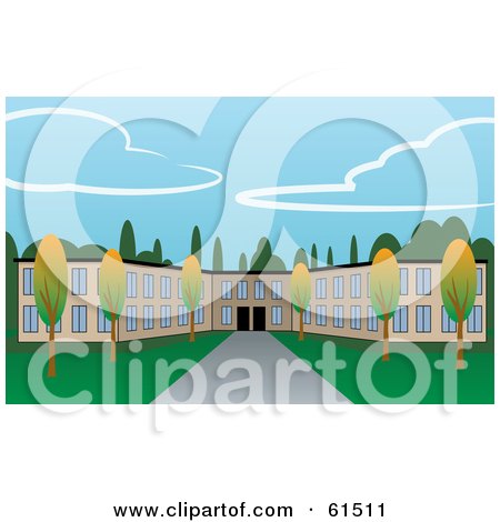 Royalty-free (RF) Clipart Illustration of an Apartment Complex With Trees And Green Lawns by r formidable