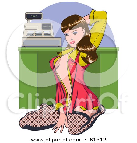 Royalty-free (RF) Clipart Illustration of a Sexy Brunette Cashier Woman Kneeling In Stockings by r formidable