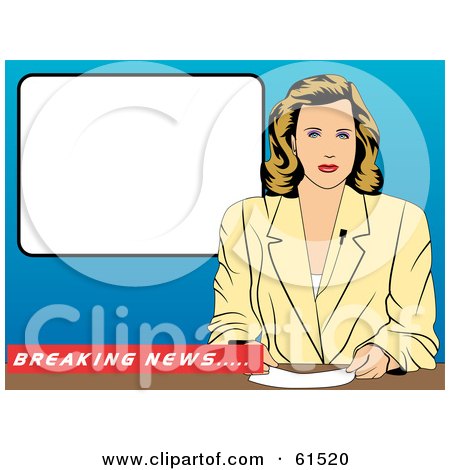 Royalty-free (RF) Clipart Illustration of a News Anchor Woman Seated At A Desk With A Blank White Screen by r formidable