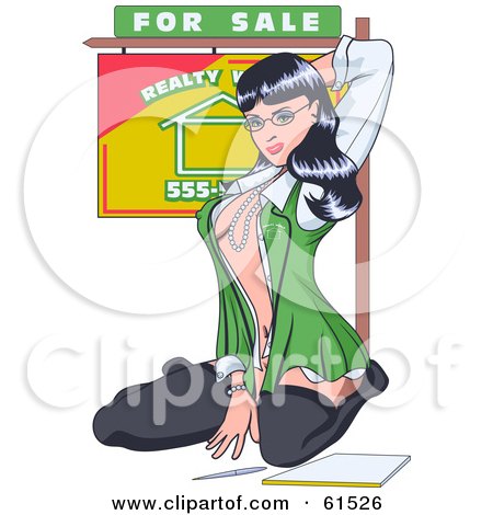 Royalty-free (RF) Clipart Illustration of a Sexy Black Haired Realtor Woman Kneeling In Stockings by r formidable