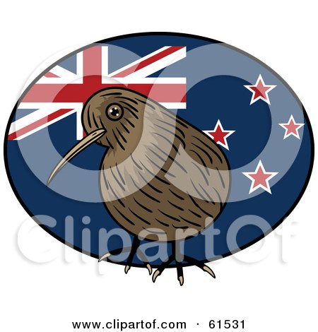 Royalty-free (RF) Clipart Illustration of a Kiwi Bird Standing In Front Of A Round Kiwi Flag by r formidable