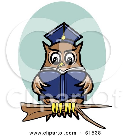 Royalty-free (RF) Clipart Illustration of a Smart Owl Reading A Book While Perched On A Branch by r formidable