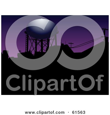 Royalty-free (RF) Clipart Illustration of Light Shining On A Water Tower Over Silhouetted Roof Tops, Against A Purple Sky by r formidable