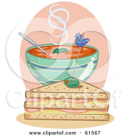Royalty-free (RF) Clipart Illustration of a Club Sandwich With A Bowl Of Tomato Soup by r formidable