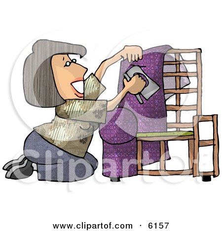 Woman Kneeling While Putting Purple Upholstery on a Chair Frame Clipart Picture by djart
