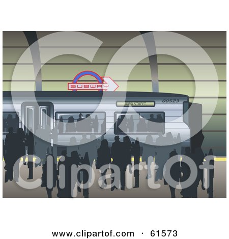 Royalty-free (RF) Clipart Illustration of a Busy Subway Station With Silhouetted People by r formidable