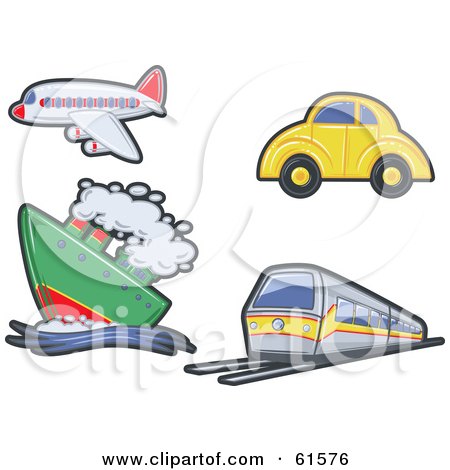 Royalty-free (RF) Clipart Illustration of a Digital Collage Of A Plane, Cruise Ship, Train And Car by r formidable
