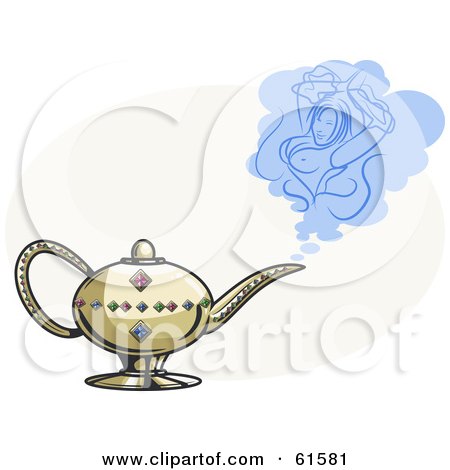 Royalty-free (RF) Clipart Illustration of a Golden Genie Lamp With Jewels And A Sexy Female Genie by r formidable