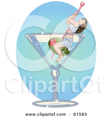 Royalty-free (RF) Clipart Illustration of a Sexy Brunette Floating On An Olive In A Giant Martini Glass by r formidable