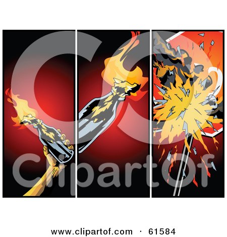 Royalty-free (RF) Clipart Illustration of a Background Of Three Panels Of Flaming And Breaking Cocktails Over Red by r formidable