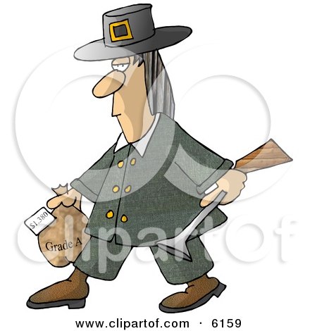 Male Pilgrim Carrying a Blunderbuss and a Grade A Frozen Turkey For Thanksgiving Dinner Posters, Art Prints