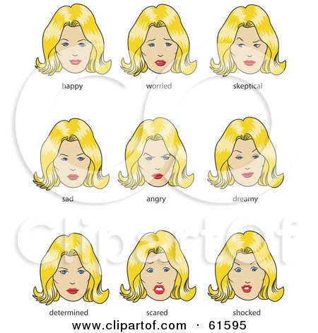 Royalty-free (RF) Clipart Illustration of a Digital Collage Of A Blond Woman Shown With Different Facial Expressions by r formidable