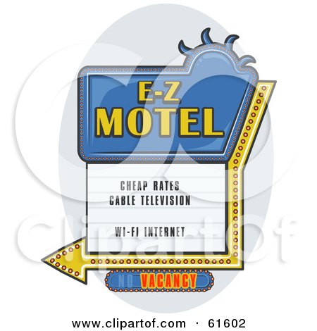 Royalty-free (RF) Clipart Illustration of a Blue E Z Motel Sign With An Arrow And Vacancy Light by r formidable