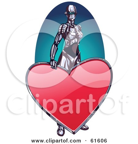 Royalty-free (RF) Clipart Illustration of a Futuristic Robot Woman Standing Behind A Large Heart by r formidable