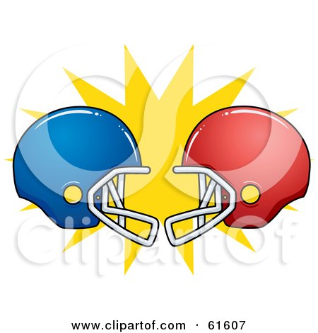 Royalty-free (RF) Clipart Illustration of Clashing Red And Blue American Football Helmets by r formidable