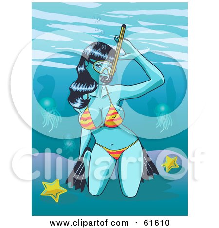 Royalty-free (RF) Clipart Illustration of a Sexy Woman In A Bikini, Diving To Explore Underwater by r formidable