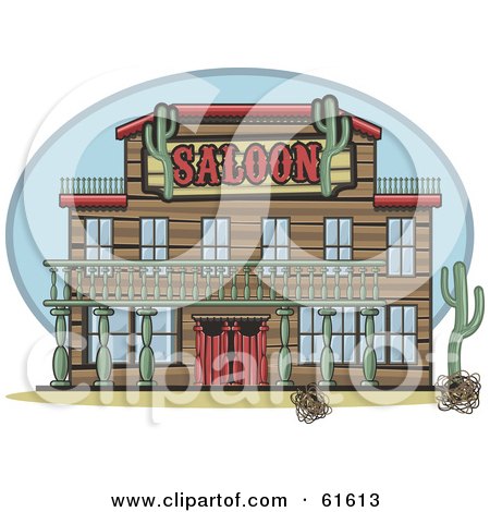 Royalty-free (RF) Clipart Illustration of a Facade Of A Western Saloon With Cacti Plants And Tumble Weeds by r formidable