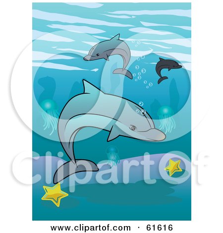 Royalty-free (RF) Clipart Illustration of a Group Of Dolphins Swimming Over Starfish by r formidable