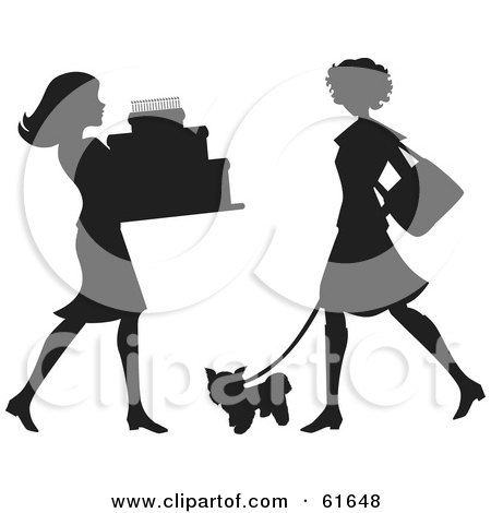 Royalty-free (RF) Clipart Illustration of a Silhouetted Women Carrying A Cake And Walking A Dog by Monica