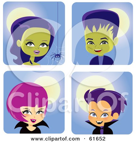 Royalty-free (RF) Clipart Illustration of a Digital Collage Of Halloween Vampire, Frankenstein And Monsters by Monica