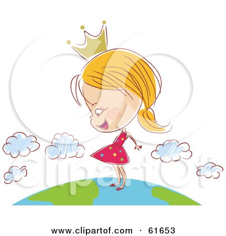 Royalty-free (RF) Clipart Illustration of a Happy Princess Girl Wearing A Crown And Standing On Top Of Earth by Monica