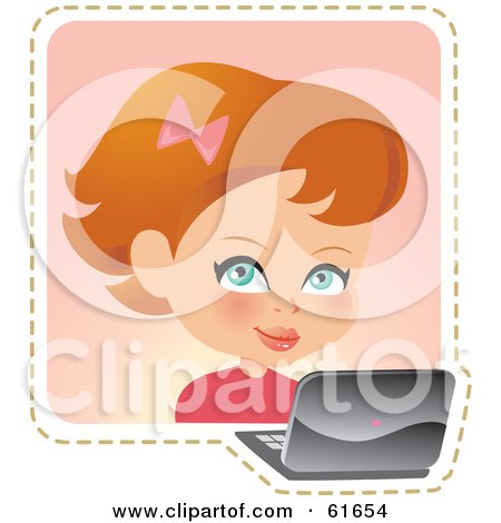 Royalty-free (RF) Clipart Illustration of a Little Red Haired Girl Using A Laptop by Monica