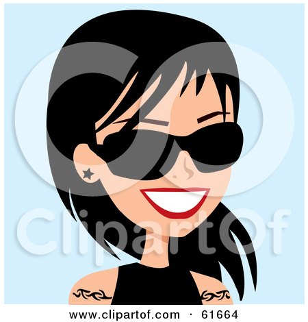 Royalty-free (RF) Clipart Illustration of a Friendly Caucasian Woman With Long Black Hair And Tattoos, Wearing Shades by Monica