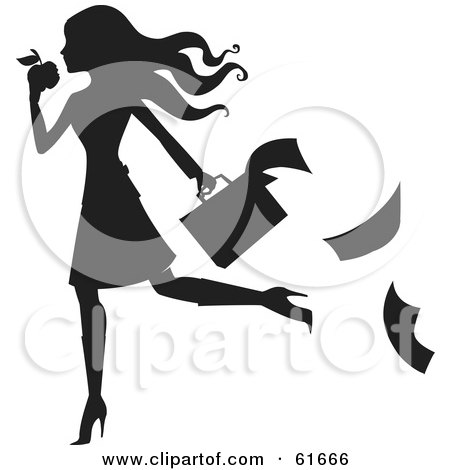 Royalty-free (RF) Clipart Illustration of a Black Silhouetted Woman Dropping Papers While Snacking On An Apple by Monica