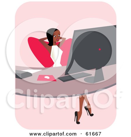 Royalty-free (RF) Clipart Illustration of a Corporate Black Businesswoman Leaning Back At Her Office Desk by Monica
