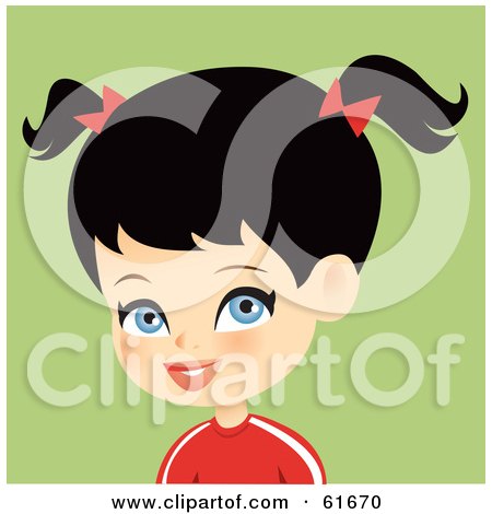 Royalty-free (RF) Clipart Illustration of a Blue Eyed, Black Haired Girl Wearing A Red Shirt And Bows In Her Pig Tails by Monica