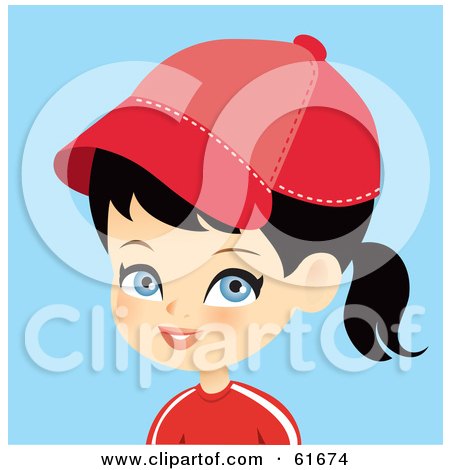 Royalty-free (RF) Clipart Illustration of a Blue Eyed, Black Haired Girl Wearing A Baseball Cap by Monica