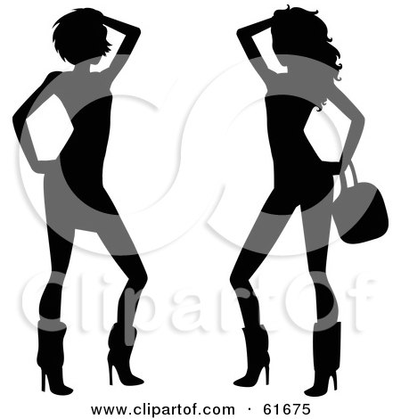 Royalty-free (RF) Clipart Illustration of a Digital Collage Of Two Sexy Black Silhouetted Rocker Chicks by Monica