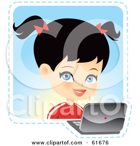 Royalty-free (RF) Clipart Illustration of a Blue Eyed, Black Haired Girl Using A Laptop by Monica