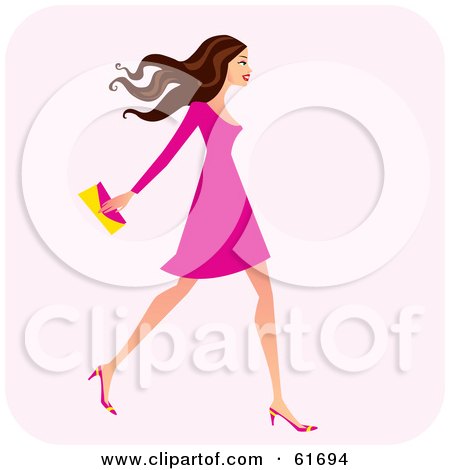 Royalty-free (RF) Clipart Illustration of a Fashionable Brunette Woman Walking And Carrying A Clutch Purse by Monica