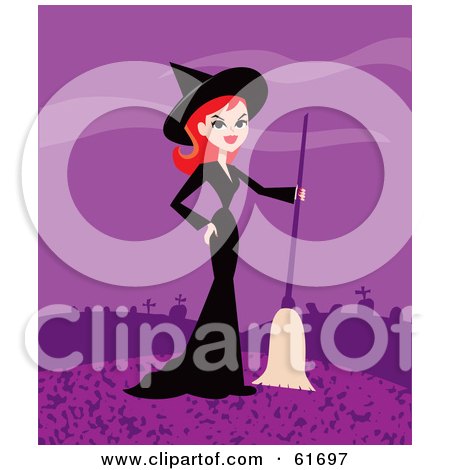Royalty-free (RF) Clipart Illustration of a Pretty Red Haired Witch Standing With A Broom At The Edge Of A Cemetery by Monica