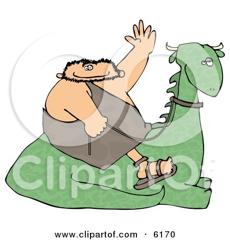 Caveman Sitting on a Resting Dinosaur, Holding the Reins and Waving Clipart Picture by djart