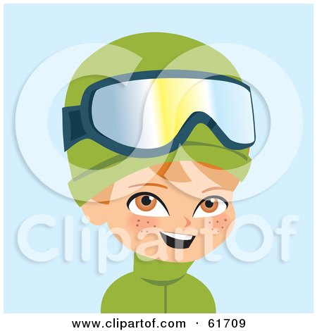 Royalty-free (RF) Clipart Illustration of a Little Red Haired Caucasian Boy Wearing Green Winter Clothes And Skiing Goggles by Monica