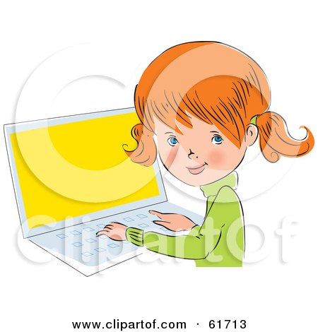 Royalty-free (RF) Clipart Illustration of a Cute Little Red Head Caucasian Girl Looking Back While Using A Laptop by Monica